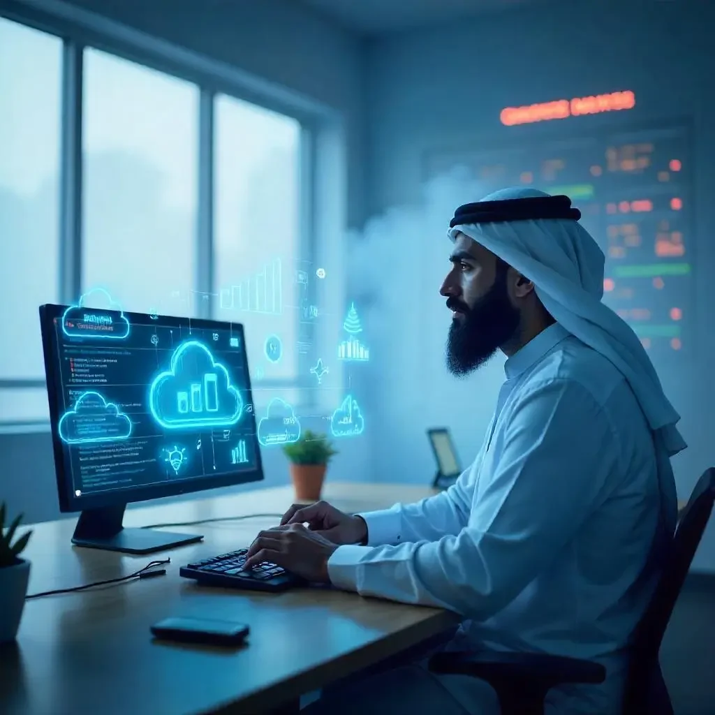 Oracle Community Tours – EMEA 2025 KSA (past) 1 cloud engineers as Middle Eastern men with beards and professional attire, configuring cloud infrastructure in a high-tech control room during a foggy morning.